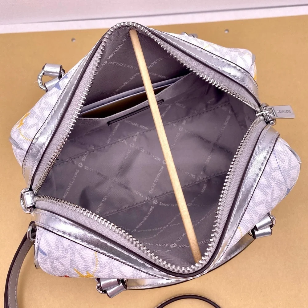 Michael Kors SM Satchel Crossbody Bag MK White Multi - Picture 3 of 11